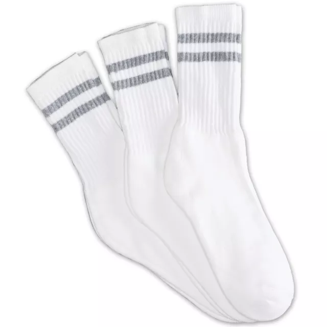 12 Pairs 1 Dozen Crew White Socks with 2 Gray Stripes Classic Retro Old School