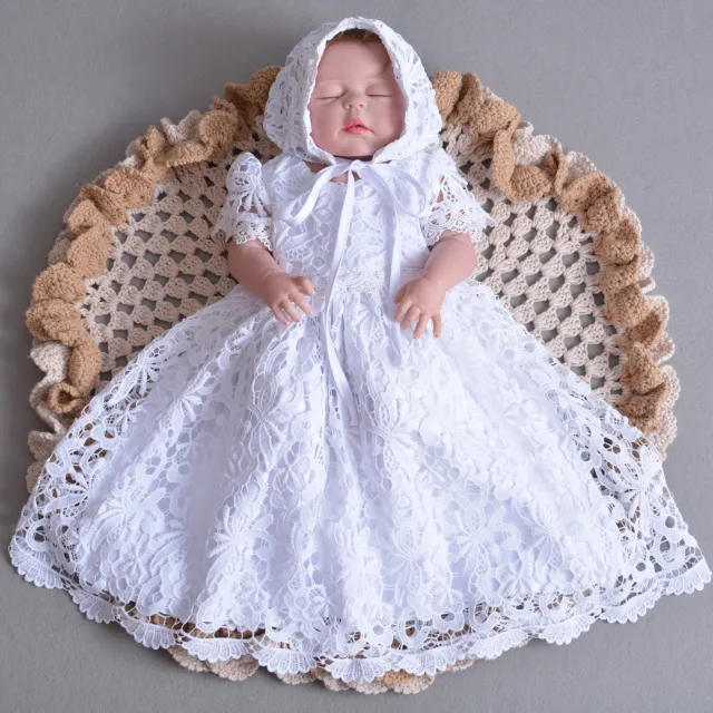 Baby Girls Lace Christening Gown Party Dress and Bonnet 0 3 6 9 12 18 Months