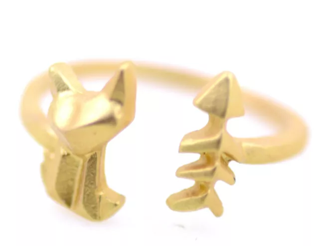 Gold tone cat and fish open ring, UK Size M