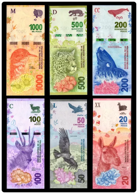 Argentina 20 50 100 200 500 1000 Pesos 6 Pcs SET NEW, 2016-2019 Banknote ND UNC