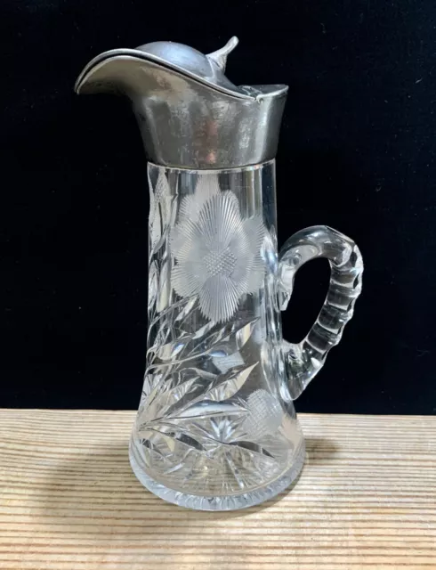 Antique/ Vtg 30s Daisy Floral Etched Crystal Maple Syrup Pitcher Creamer Vintage 2