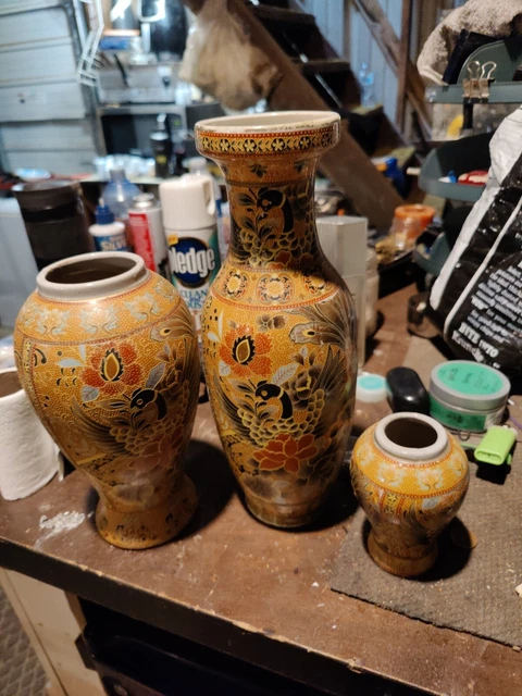 3 Vintage Chinese Satsuma Style Moriage Cloisonné Vases Floral Bird