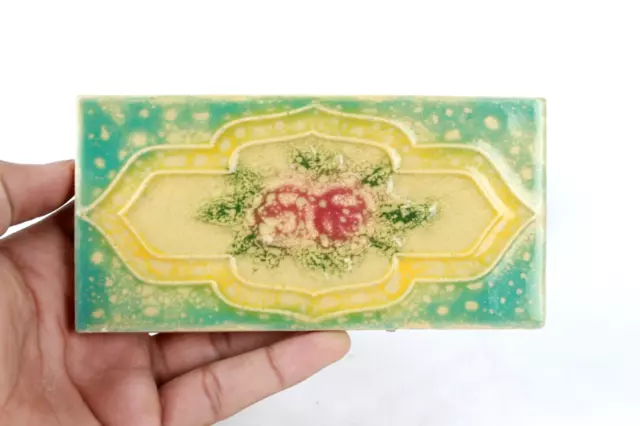 Antique Old Ceramic Tile Japan Handmade Floral Art Collectible Embossed Tile