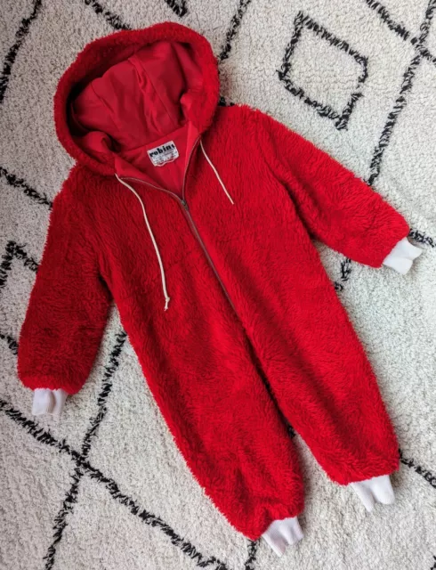 VINTAGE RETRO BABY ROMPER, COAT, ALL-IN-ONE, RED, FLUFFY, TEDDY 12mths/ 1yr