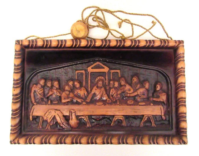 VINTAGE THE LAST SUPPER Carved Wood 3D Wall Hanging Plaque Picture 15.5 ...