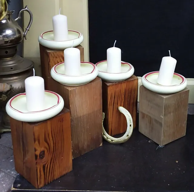5 Stück Alte Holzpfosten & Keramik Schalen Ohne Kerzen, Aschenbecher B 648