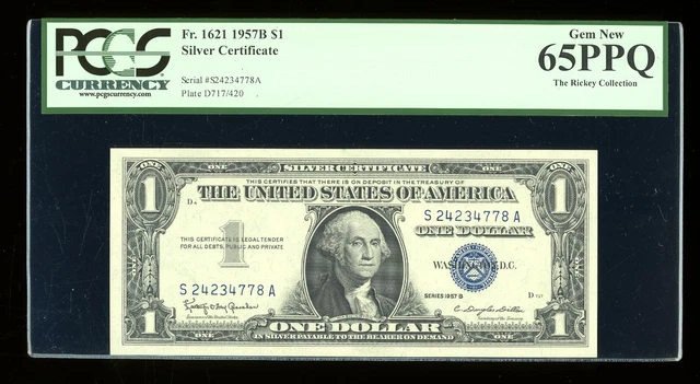 DBR $1 1957-B Silver Fr. 1621 SA Block Gem PCGS 65 PPQ Serial S24234778A
