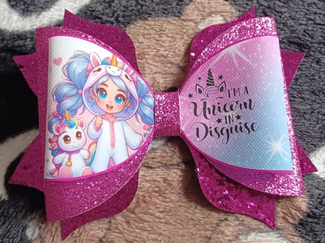 Handmade 5 Inch Unicorn In Disguise Hair Bow On Clip Free Postage