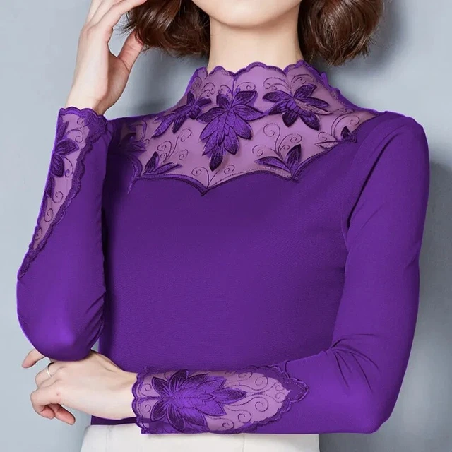 Donna Rete Pizzo Camicia Cavo Camicetta Dolcevita Top a Contrasto Al Sedere