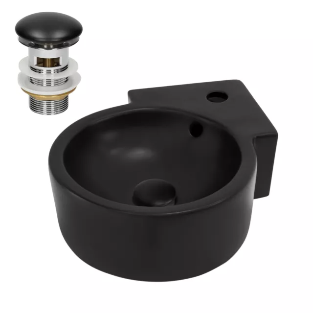 Lavabo d'angle en céramique noir rond évier avec bouchon de vidange 45x36x13 cm