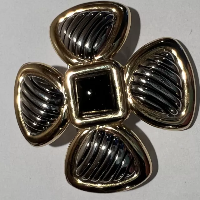 Vintage Brooch Pin Black Onyx Look, Two Toned Jewelry Clover Shape.
