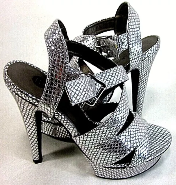 Michael Antonio Womens Randy-MET Heel Sandals Silver Snake Pu, US Size 5.5 M