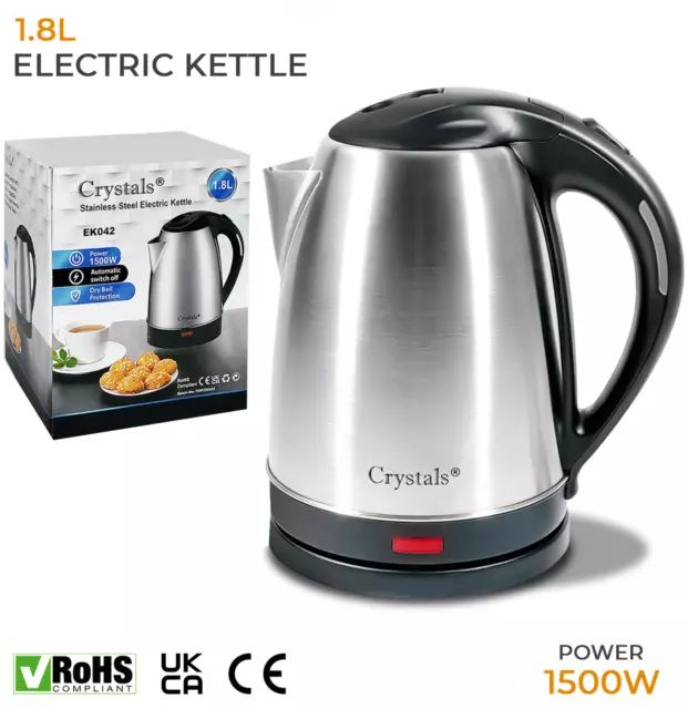 Electric Kettle Stainless Steel Cordless Jug 1.8L Overheat Protection - 1500W