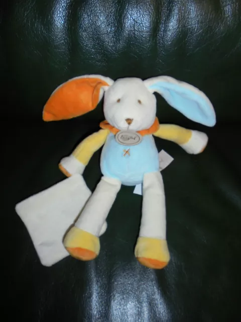Doudou Babynat Peluche Lapin Blanc Orange Bleu Mouchoir Blanc neuf