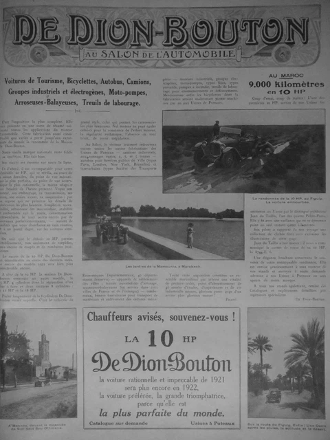 Publicité De Presse 1921 Voitures De Dion-Bouton Au Maroc Salon De L'automobile