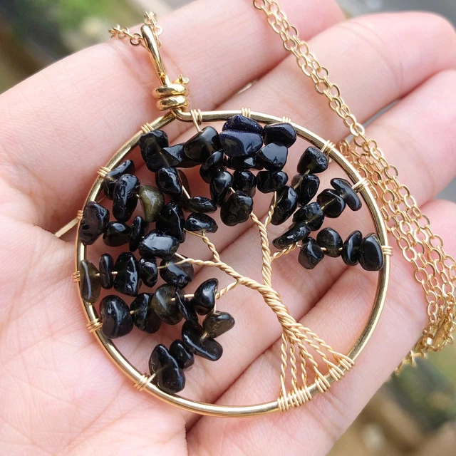 Black Onyx Gem Tree Of Life Water-Drop Necklace Chakra Reiki Healing Amulet