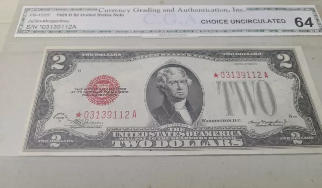 Fr. 1505* 1928 D $2 Legal Tender STAR Red Seal CH UNC