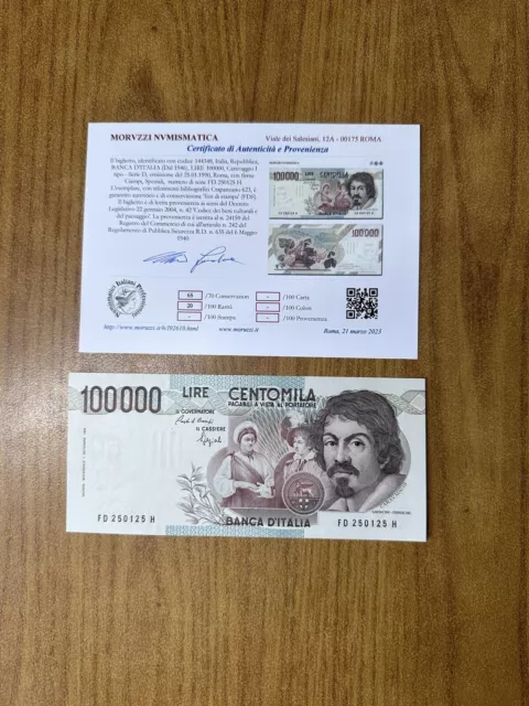 Billet Repubblica Livres 100000 Caravaggio 1º D Type 1990 Certifié Fds Aa