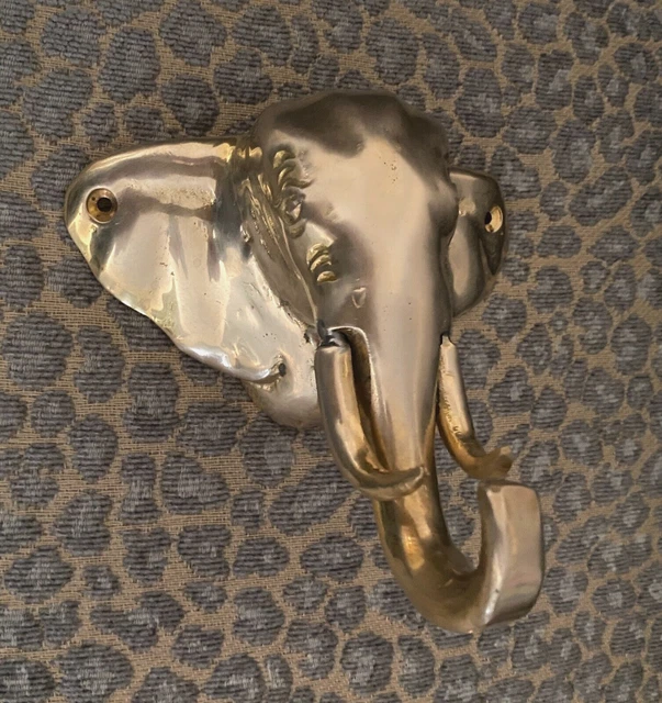 Vintage Polished Brass Elephant Wall Hook Hanger 5.25" x 5.25"