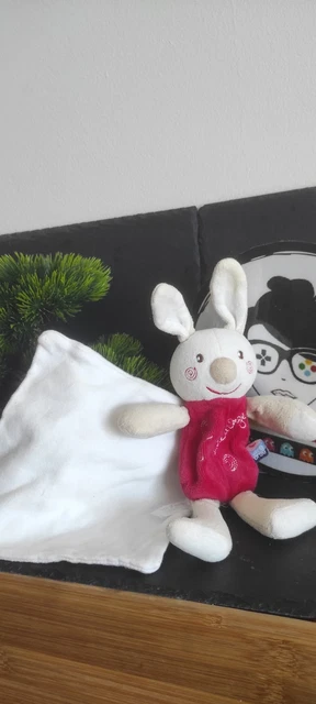 Doudou Peluche Lapin Ancien Vintage - Blanc, Beige, Crème, Noir - Pantin