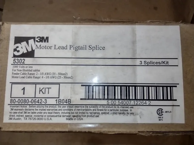 3M 5302 Motor Lead Pigtail Splice Kit #2-1/0 Feed #4-1/0 Motor 1000V (3 Splices)