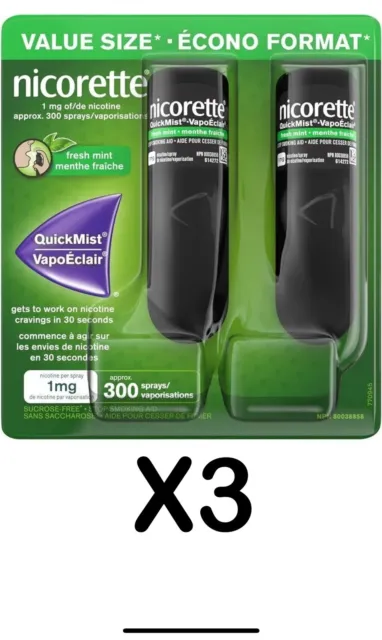 3 X Nicorette Quickmist Spray 1mg Quit Smoking Aid 150 Spray Duo 2-Pack