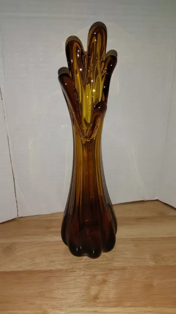 Vintage Mid Century 11” Swung Vase Glass  Retro 5 Finger MCM Yellow AMBER Rare