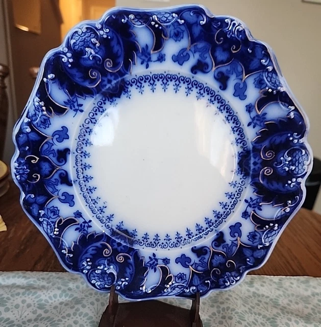 Antique Florida Flow Blue Johnson Bros Royal Dinner Plate 10" Cobalt & Gold