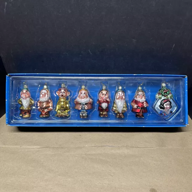 The Disney Store Set Of 8 Snow White & 7 Dwarfs Glass Christmas Ornaments 4 1/2"