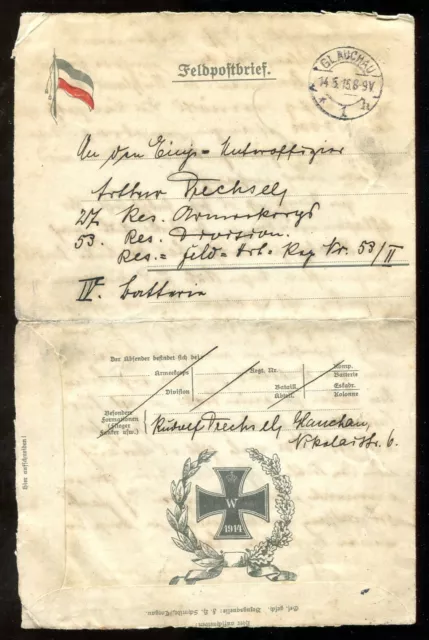 GERMANY Glauchau 1915 ILLUSTRATED Feldpost Letter Card / Cover to Soldier