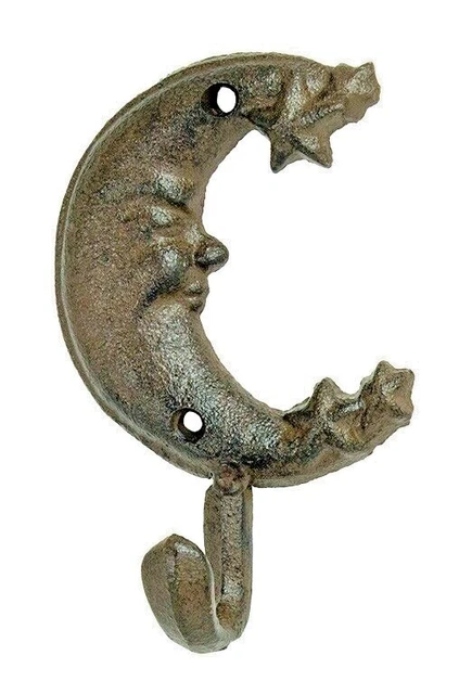 Moon Face Stars Wall Hook Cast Iron Key Towel Coat Hanger Antique Style Brown