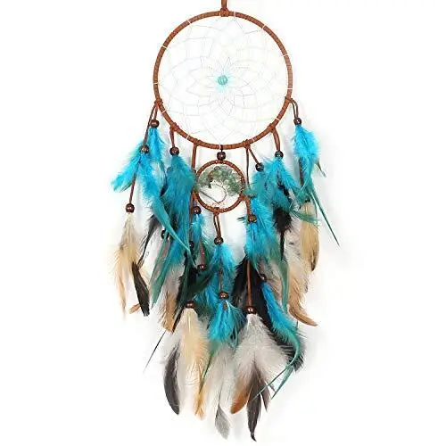 Dream Catchers with Tree of Life and Teal Feather Indian Handmade Green, Teal