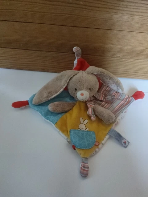 Doudou Plat Simba Toys Nicotoy LAPIN Beige Rouge Jaune Poche Rayure NEUF