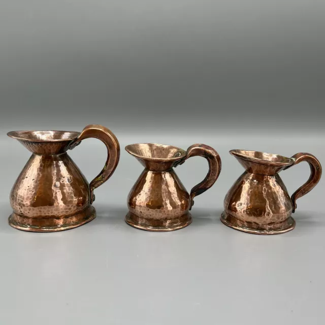 3 Antique Apprentice Piece Miniature Copper Graduated Jugs Victorian Hammered