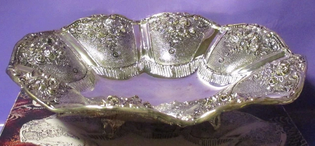 Studio Silver Plated Oval Footed Bowl / Dish Flowers Pattern 8" X 10" 2.5"tall