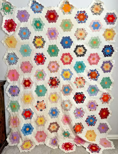 Vintage Grandmothers Flower Garden Quilt Top in Beautiful Feed Sack Fabrics 2