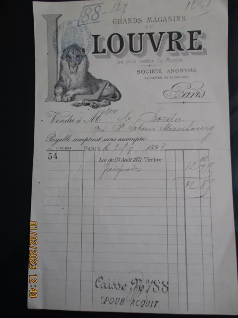 Facture ancienne illustrée Grands magasins du Louvre . Paris 1893 .