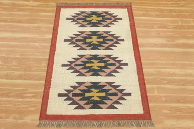 Mano Tessuto Soggiorno Area Tappeto Orientale Beige Reversibile Lana Iuta Kilim