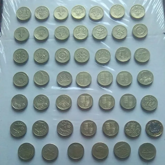 Rare Set 41 Circulated United Kingdom Round £1 One Pound Coins 1983-2015 & Bonus