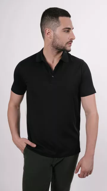 1st American Polo Manga Corta Hombre Algodón Hilo de Escocia Made IN Italy Negro