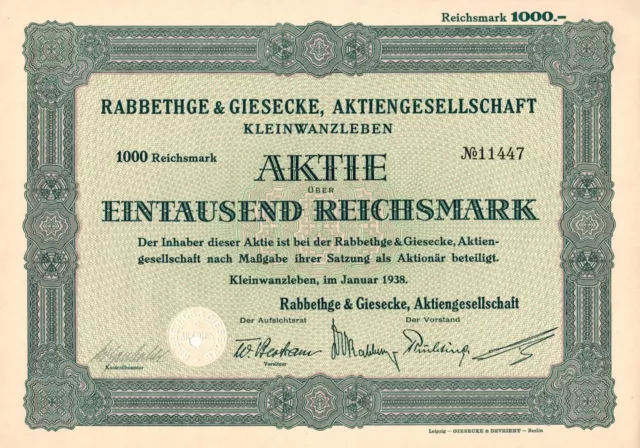 Kleinwanzleben - Rabbethge & Giesecke AG - 1938 - KWS Einbeck - 1.000 RM Aktie -