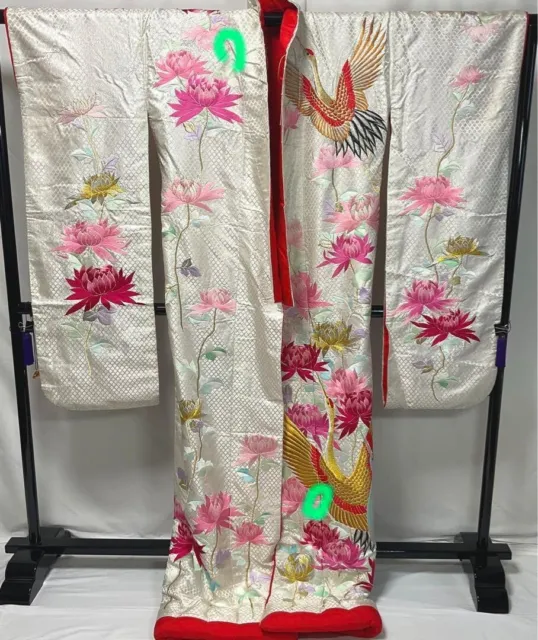 Japanese Kimono Silk Uchikake Vintage Gorgeous wedding Crane flower embroidery 3