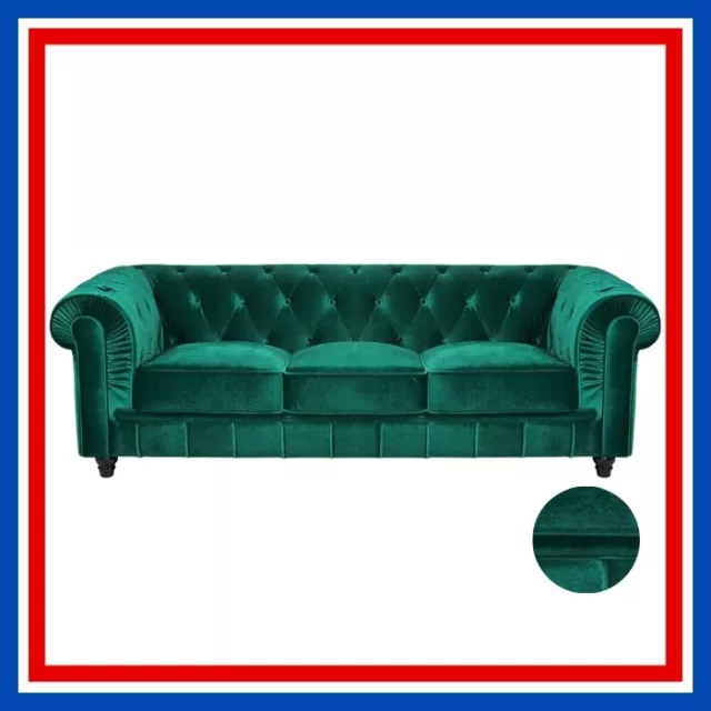 Canapé Chesterfield 3 places en velours vert bergère - H72 cm