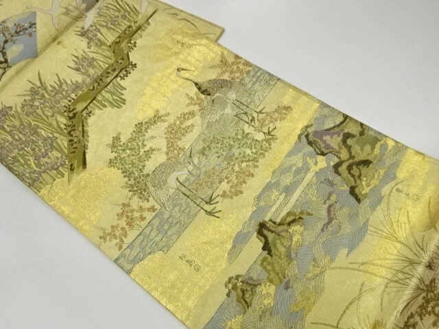 5482969: Japanese Kimono / Vintage Fukuro Obi / Woven Crane & Floral Plants