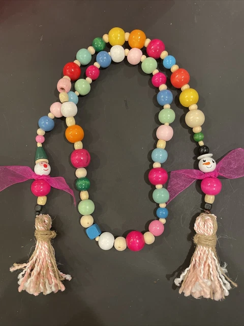 Christmas Wood Bead Garland • SANTA • SNOWMAN • Handmade • New 51” • #8