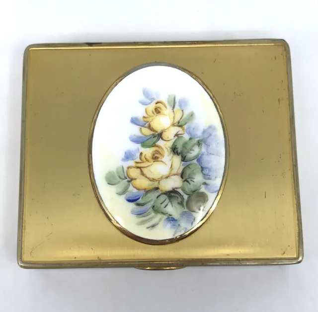 24k Gold Plated Powder Compact Ceramic Yellow Roses Cab 1950s Puff Sifter Vtg
