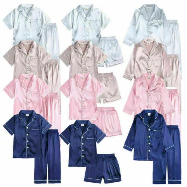 Kids Boys Girls Pyjamas Set Nightwear Pjs Satin Silk Sleepwear Top Pants Outfits