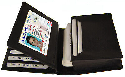 Black Mens Genuine Leather ID Bifold Credit Card Expandable Holder Center Flap