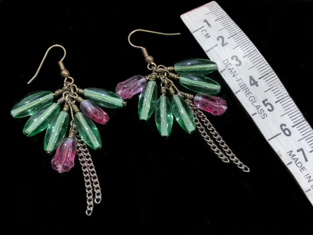 Vintage 6.5cm Glass Freen & Pink Floral Foliage Cluster Drop Dangle Earrings E36
