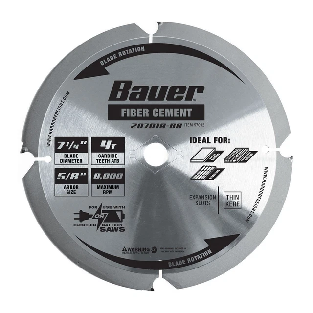 Hoja de sierra circular de fibra cemento BAUER 7-1/4 in., 4T PCD 57092